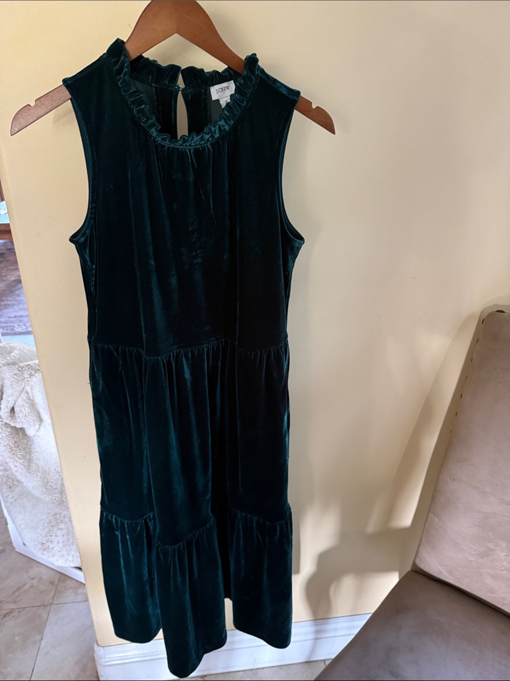 J Crew Deep Green Velvet Sleeveless Tiered Dress